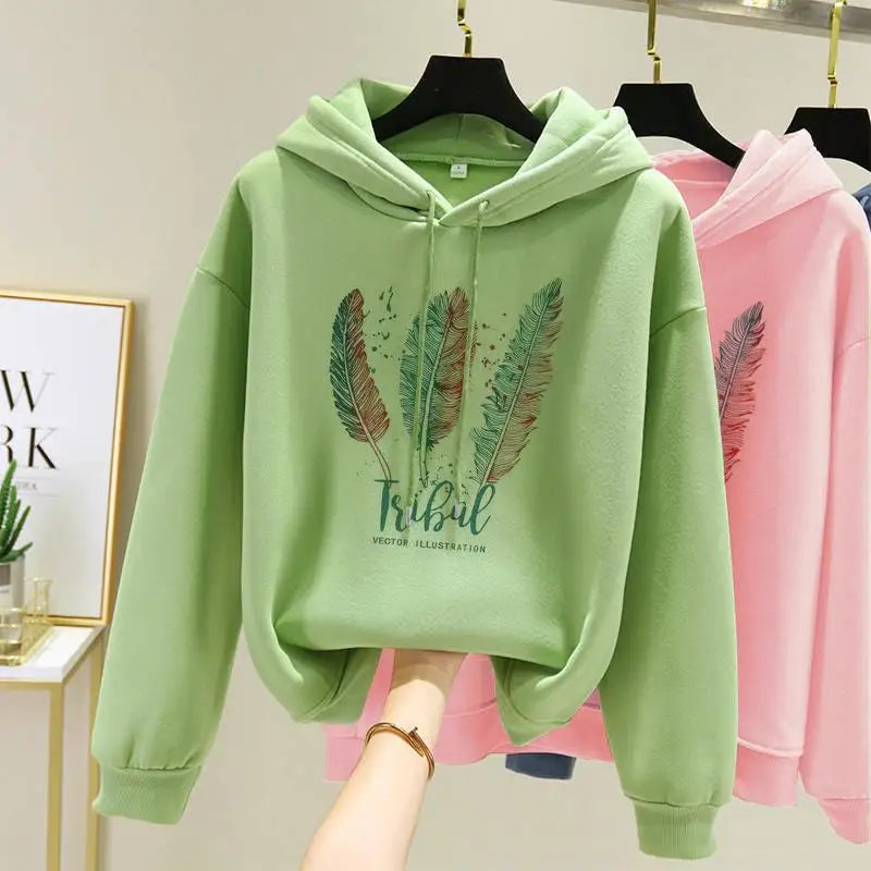 Women Feather Autumn Printed Hoodies