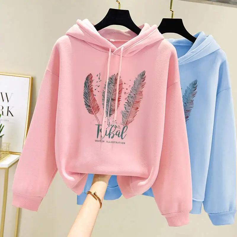 Women Feather Autumn Printed Hoodies